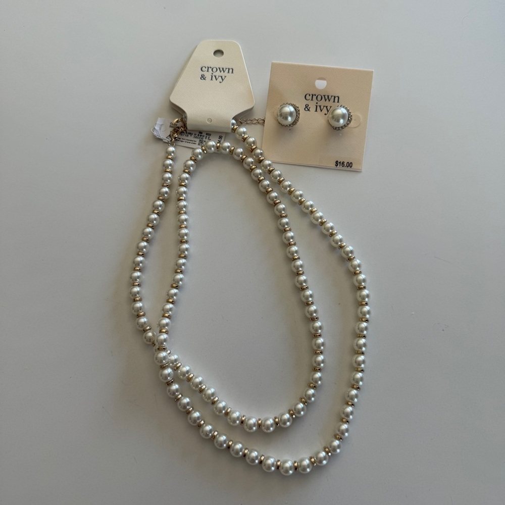 Crown & Ivy- Faux Pearl Earrings & Necklace Set-Classic-Statement- Long-Layering